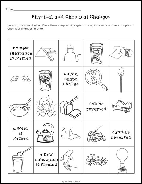physical and chemical changes worksheet with answers